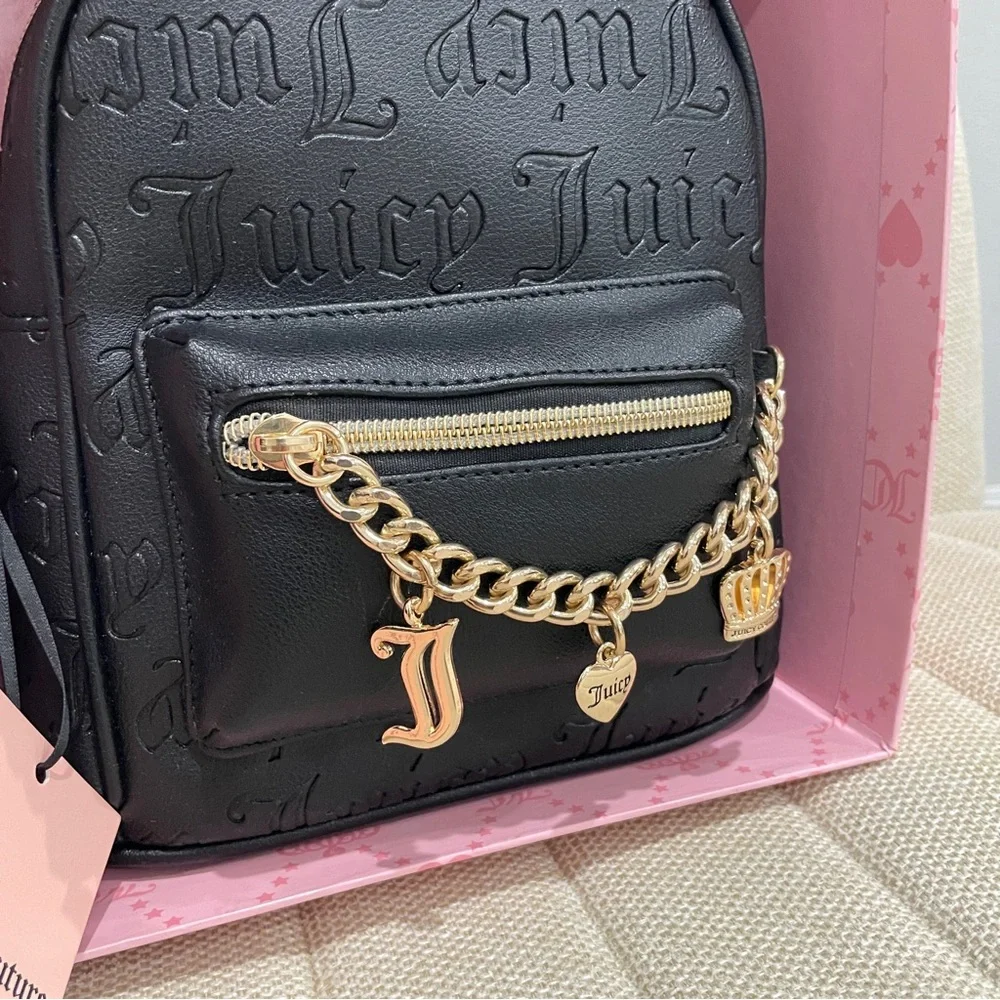 NEW Juicy Couture Black DeBoss Logo Mini Backpack & Heart Puff Keychain Gift Set